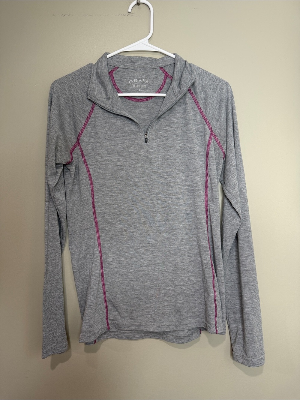 2 Orvis Trout Bum Quarter-Zip Performance Top - Gray & Coral Small - Picture 5 of 6